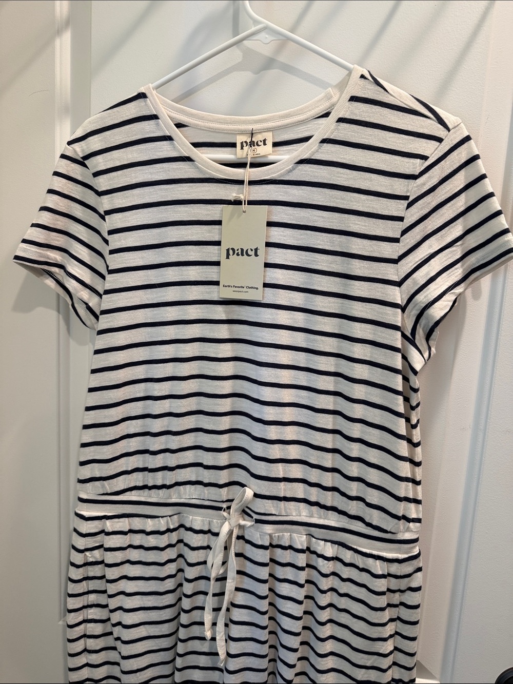 Pact White & Navy Striped Drawstring Tee Dress - Picture 4 of 4